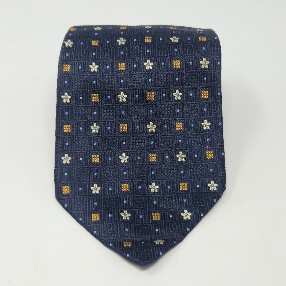 Saks Fifth Avenue Exclusive Silk Tie Made In Italy Blue Gold Floral Geometric 4"